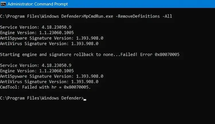 استفاده از Command Prompt برای غیرفعال کردن آنتی ویروس Microsoft Defender
