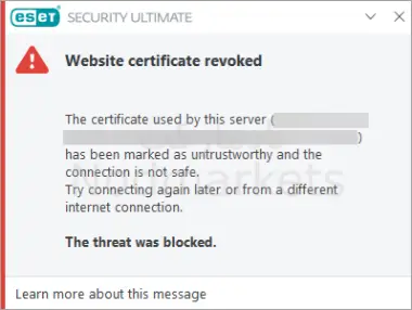 پیغام خطای Website certificate revoked در Eset پیغام خطای Website certificate revoked در Eset